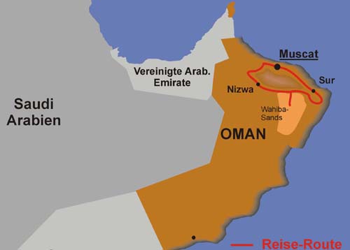 Oman, Arabien - Karte mit Tourverlauf der Erlebnisreise