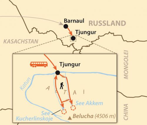 Zentralasien, Russland: Trekking im Altaigebirge - Karte des Tourverlaufs